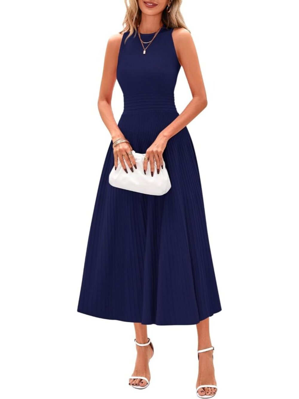 Women's Navy Sleeveless Pleated Midi Dress Formal Long Dress For Wedding